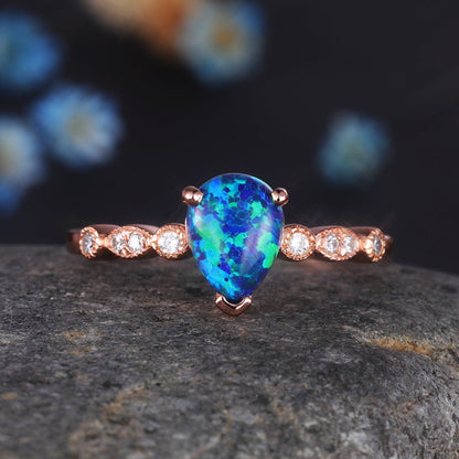 Black Opal Engagement Ring Rose Gold Art Deco Ring Diamond Milgrain Style Band Women Bridal Anniversary Jewelry October Birthstone