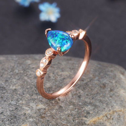 Black Opal Engagement Ring Rose Gold Art Deco Ring Diamond Milgrain Style Band Women Bridal Anniversary Jewelry October Birthstone