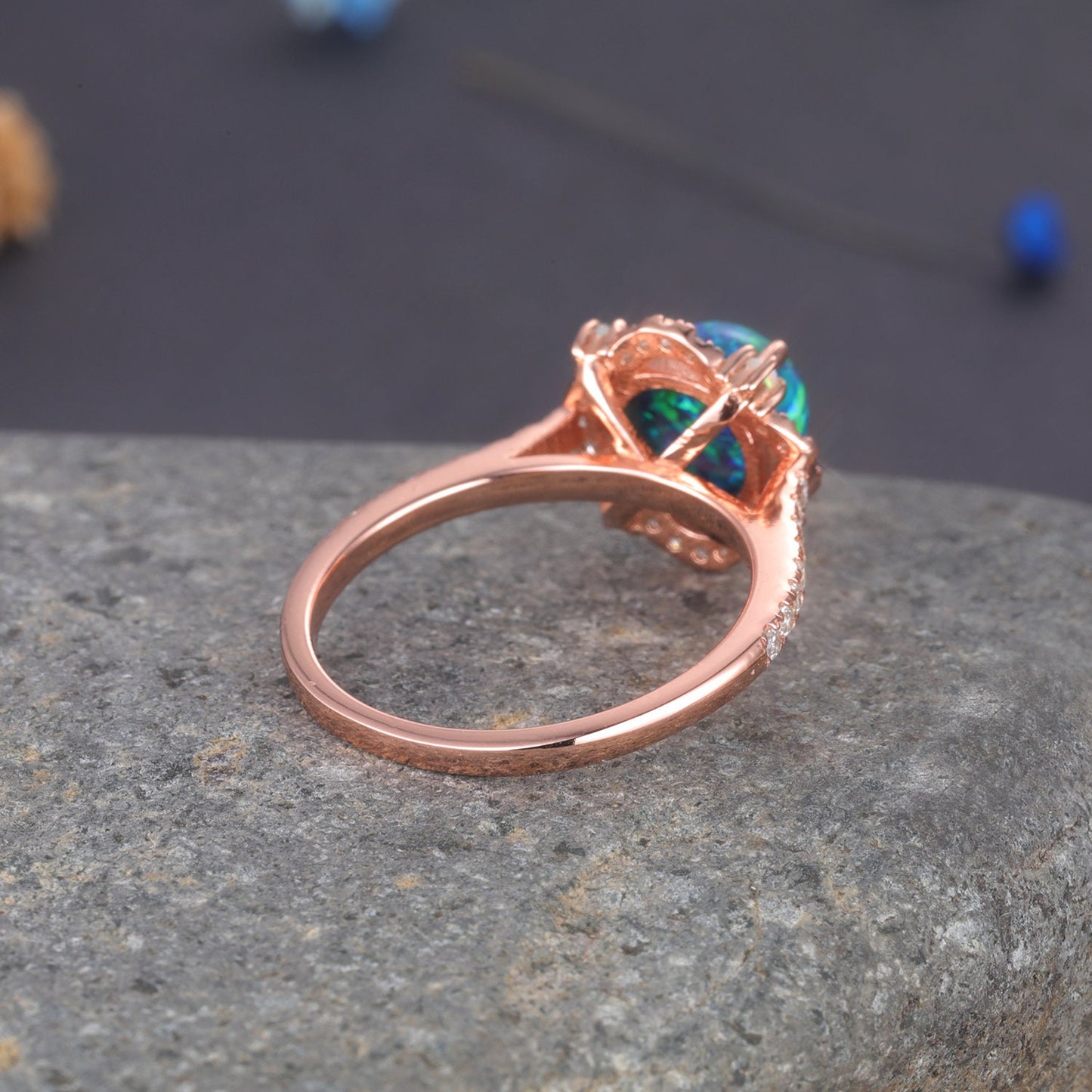 Floral Black Opal Ring Rose Gold Diamond Engagement Ring Women Halo Ring Delicate Eternity Band Promise Jewelry Anniversary Gift