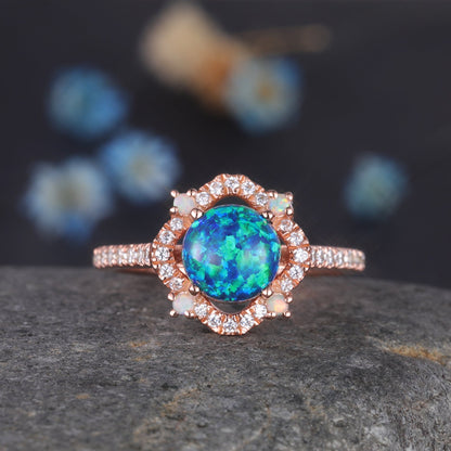 Floral Black Opal Ring Rose Gold Diamond Engagement Ring Women Halo Ring Delicate Eternity Band Promise Jewelry Anniversary Gift