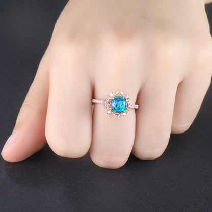 Floral Black Opal Ring Rose Gold Diamond Engagement Ring Women Halo Ring Delicate Eternity Band Promise Jewelry Anniversary Gift