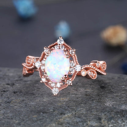 Vintage Opal Ring Rose Gold Opal Engagement Ring Diamond Wedding Band Filigree Milgrain Style Bridal Jewelry Promise Anniversary Gift