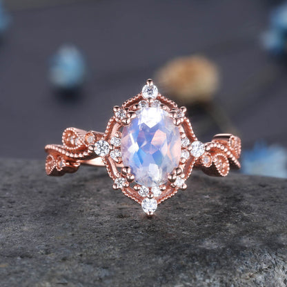 Floral Moonstone Engagement Ring Rose Gold Moonstone Ring Diamond Art Deco Milgrain Wedding Band For Women Vintage Style Gift For Her