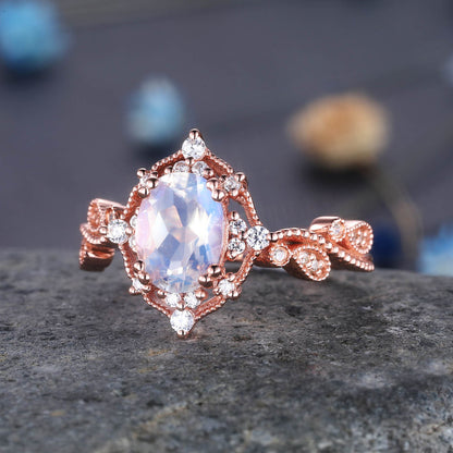 Floral Moonstone Engagement Ring Rose Gold Moonstone Ring Diamond Art Deco Milgrain Wedding Band For Women Vintage Style Gift For Her