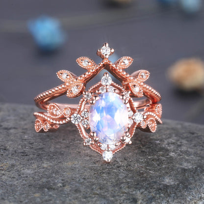 Rose Gold Moonstone Ring Oval Moonstone Engagement Ring Set Diamond Eternity Band Stacking Crown Ring June Birthstone Gift For Her
