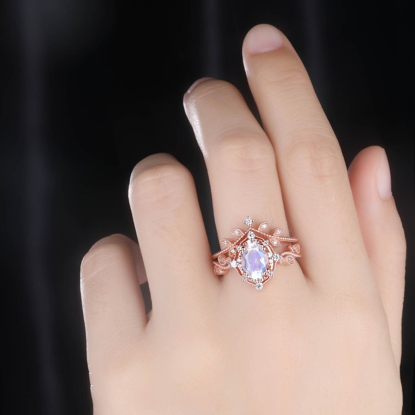 Rose Gold Moonstone Ring Oval Moonstone Engagement Ring Set Diamond Eternity Band Stacking Crown Ring June Birthstone Gift For Her