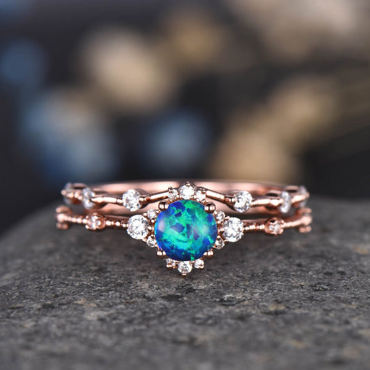 Black Opal Engagement Ring Set Rose Gold Diamond Wedding Ring Stacking Eternity Band Vintage Floral Jewelry Anniversary Gift For Her