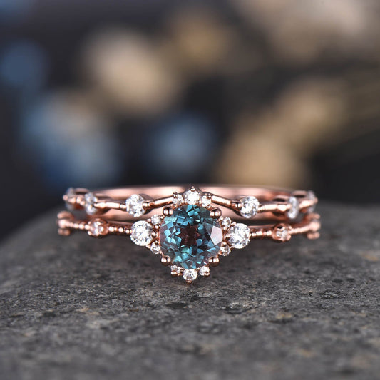 Alexandrite Ring Set Rose Gold Floral Engagement Ring For Women Promise Bridal Jewelry Diamond/Moissanite Half Eternity Matching Band