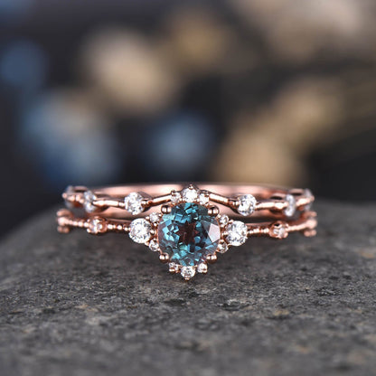 Blue Sapphire Ring Set Rose Gold Sapphire Engagement Ring Women Diamond/Moissanite Eternity Band Stacking Minimalist Bridal Jewelry