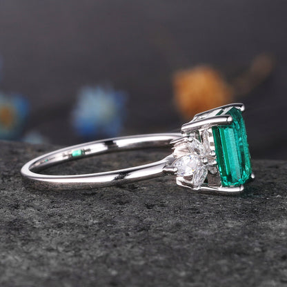 Emerald ring women moissanite engagement ring white gold art deco wedding band floral vintage bridal jewelry May birthstone anniversary gift