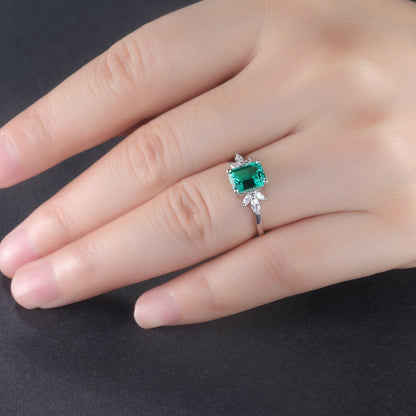 Emerald ring women moissanite engagement ring white gold art deco wedding band floral vintage bridal jewelry May birthstone anniversary gift