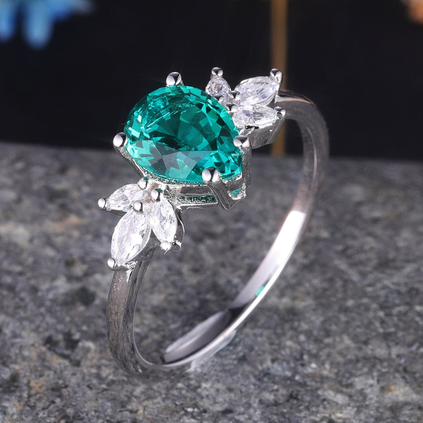 White gold emerald engagement ring women art deco ring moissanite wedding band vintage bridal jewelry May birthstone anniversary gift