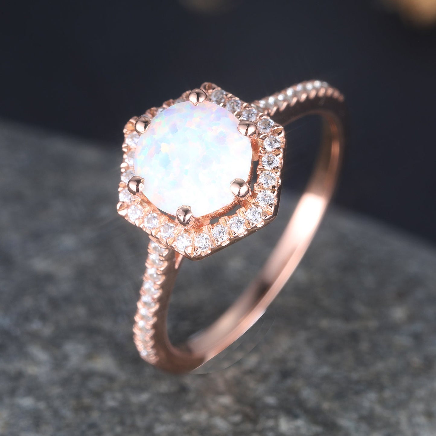 Unique Opal Engagement Ring Rose Gold Opal Ring Hexagon Diamond Halo Ring Minimalist Style Anniversary Gift For Her Promise