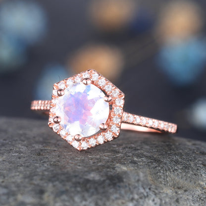 Round Moonstone Ring Rose Gold Moonstone Engagement Ring Diamond Band Halo Promise Ring Women Valentine Anniversary Gift