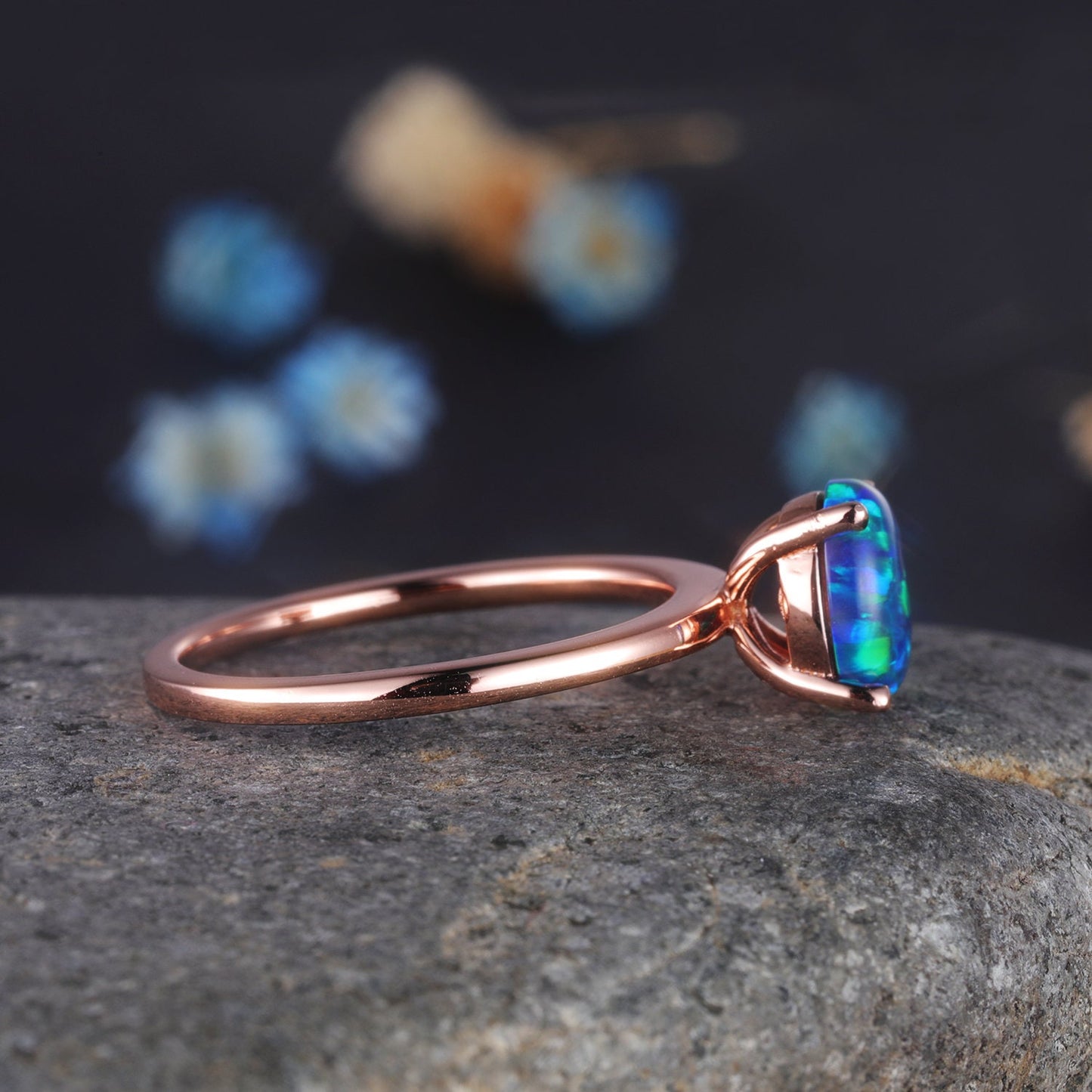 Black Opal Engagement Ring Rose Gold Women Solitaire Ring Promise Wedding Jewelry Plain Gold Band Prongs Set Anniversary Christmas Gift