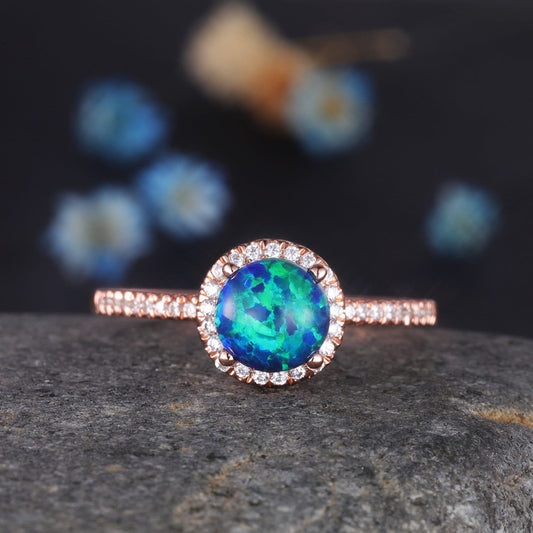 Black Fire Opal Ring Rose Gold Diamond Engagement Ring For Women Diamond Delicate Eternity Band Halo Promise Wedding Ring Christmas Gift