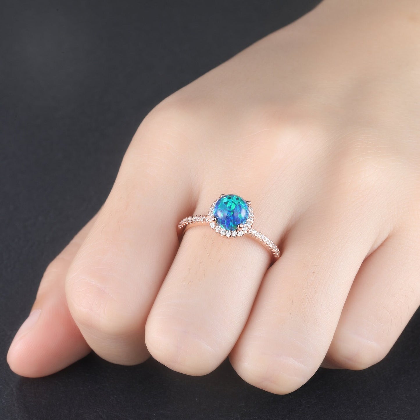 Black Fire Opal Ring Rose Gold Diamond Engagement Ring For Women Diamond Delicate Eternity Band Halo Promise Wedding Ring Christmas Gift