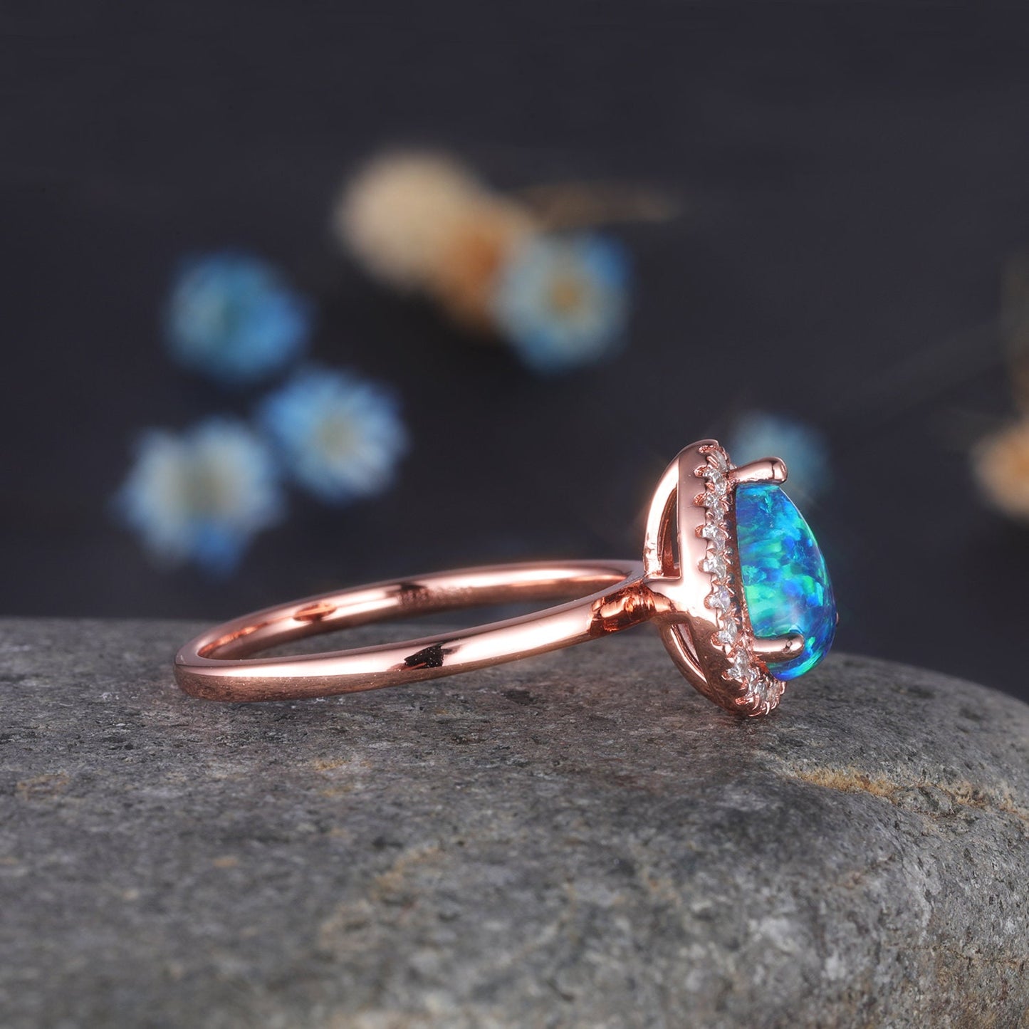 Black Fire Opal Engagement Ring Pear Shaped Opal Diamond Wedding Ring Solid 14k Rose Gold Band October Birthstone Christmas Gift For Women