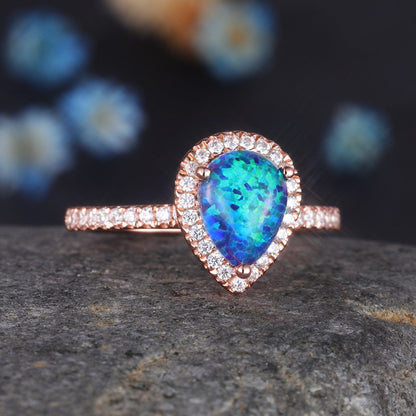 Pear Shaped Black Opal Engagement Ring Diamond Wedding Ring Promise Jewelry For Her 14k Rose Gold October Birthstone Christmas Gift