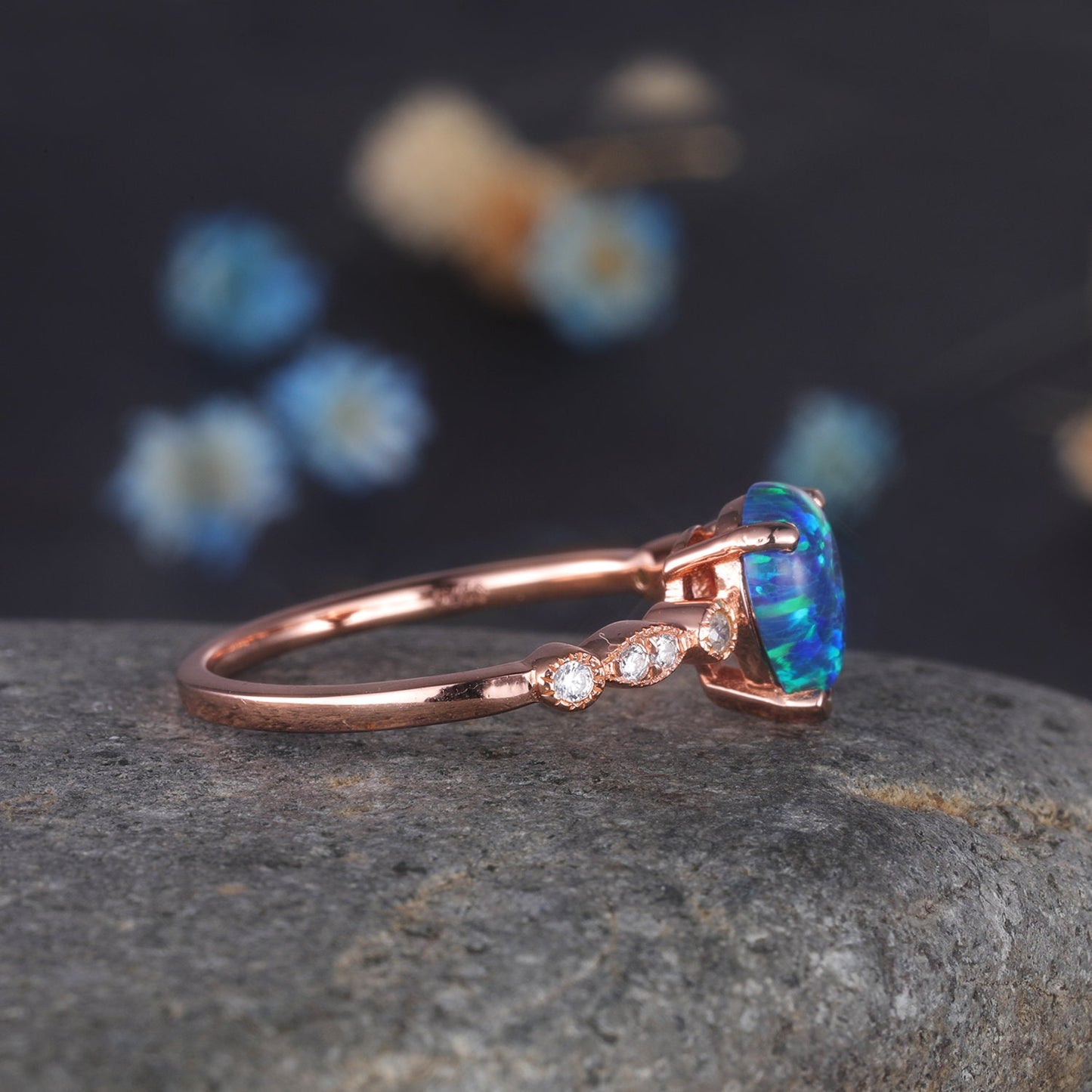 Black Opal Engagement Ring Rose Gold Art Deco Ring Diamond Milgrain Style Band Women Bridal Anniversary Jewelry October Birthstone