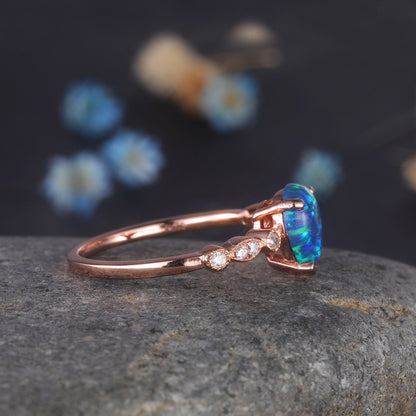 Black Opal Engagement Ring Rose Gold Art Deco Ring Diamond Milgrain Style Band Women Bridal Anniversary Jewelry October Birthstone