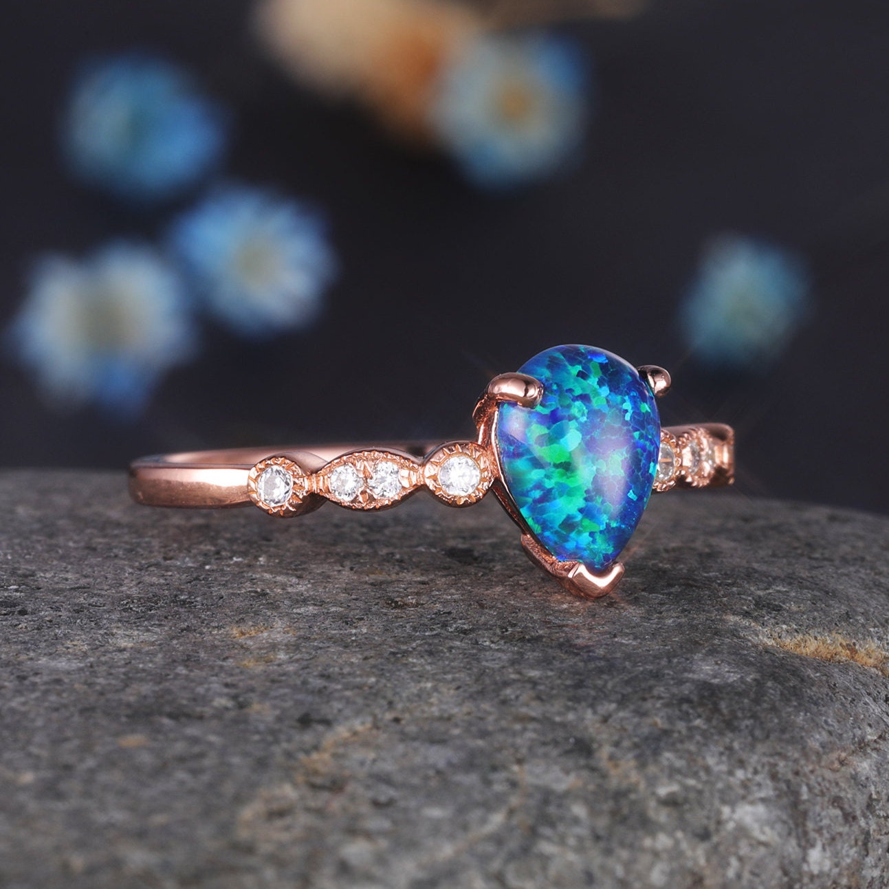 Black Opal Engagement Ring Rose Gold Art Deco Ring Diamond Milgrain Style Band Women Bridal Anniversary Jewelry October Birthstone