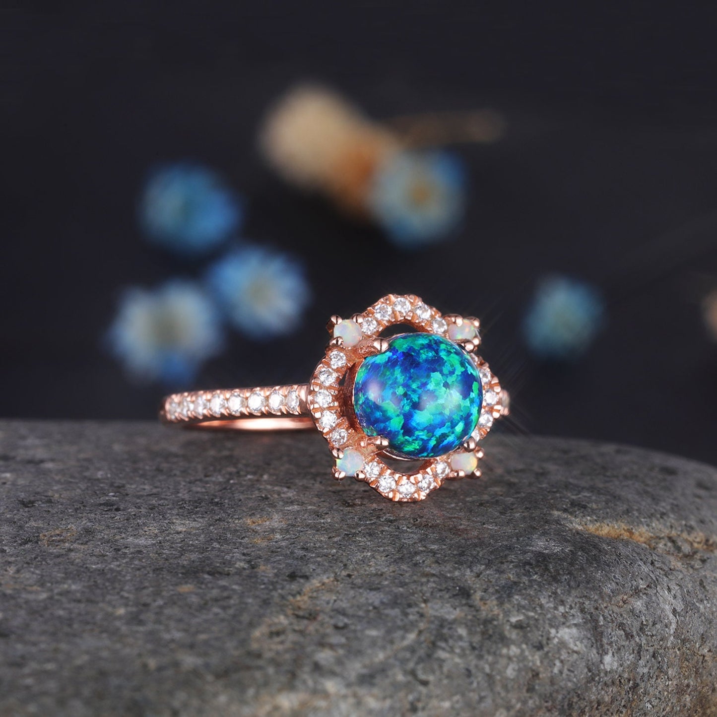 Floral Black Opal Ring Rose Gold Diamond Engagement Ring Women Halo Ring Delicate Eternity Band Promise Jewelry Anniversary Gift