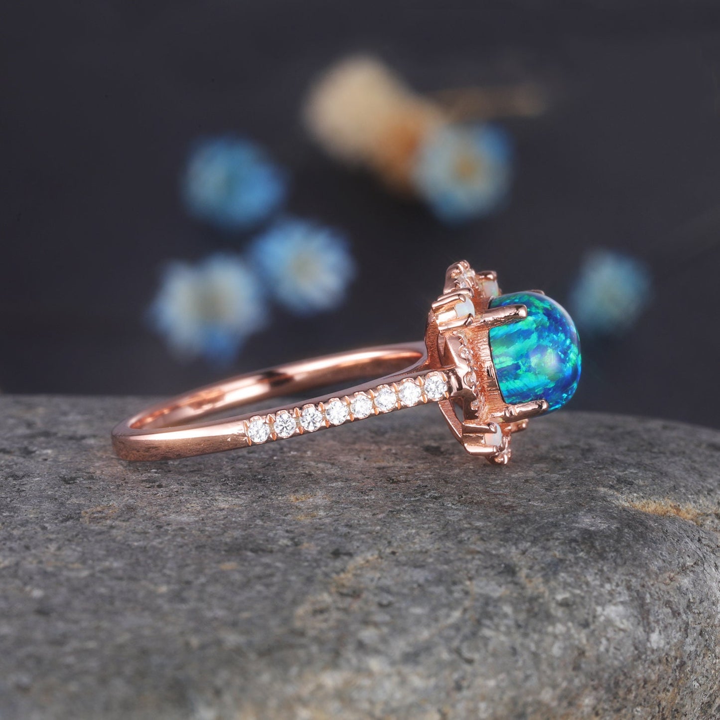 Floral Black Opal Ring Rose Gold Diamond Engagement Ring Women Halo Ring Delicate Eternity Band Promise Jewelry Anniversary Gift