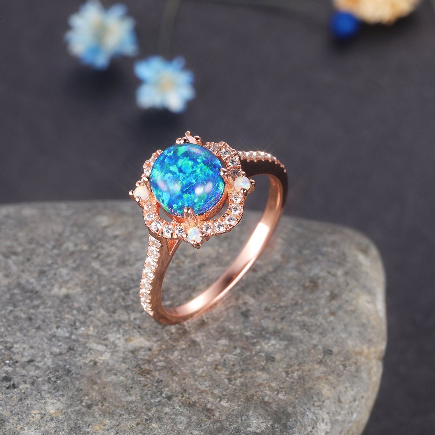 Floral Black Opal Ring Rose Gold Diamond Engagement Ring Women Halo Ring Delicate Eternity Band Promise Jewelry Anniversary Gift