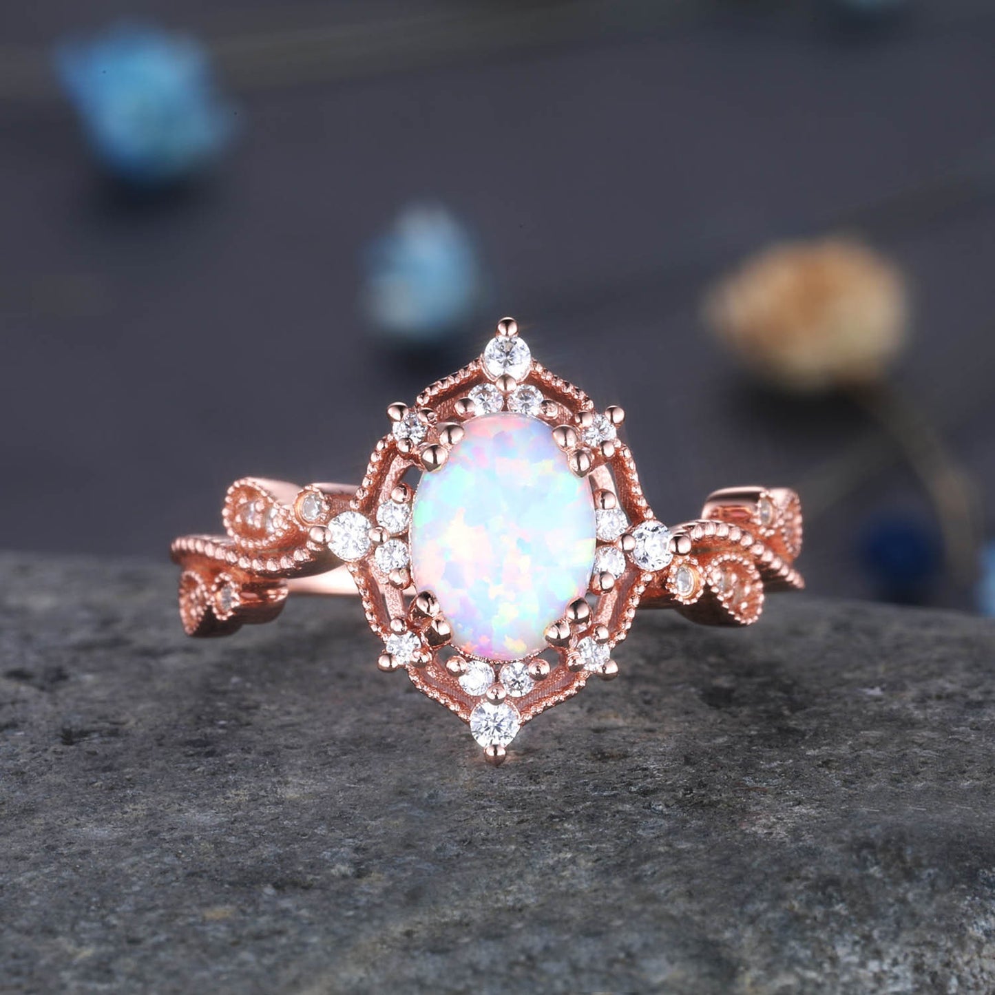 Vintage Opal Ring Rose Gold Opal Engagement Ring Diamond Wedding Band Filigree Milgrain Style Bridal Jewelry Promise Anniversary Gift