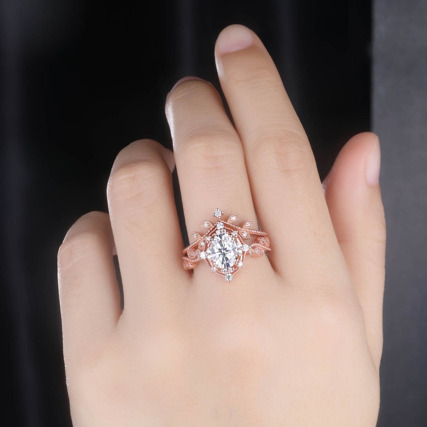 Oval shaped moissanite ring set rose gold engagement ring diamond matching band brilliant moissanite art deco milgrain ring for women