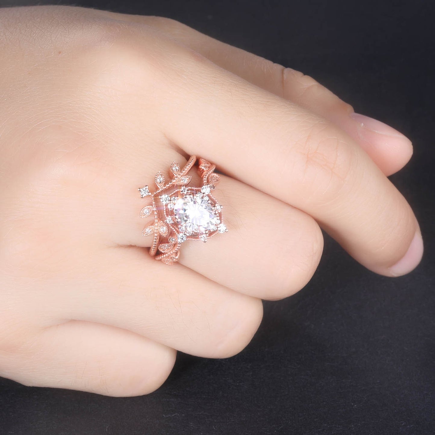 Oval shaped moissanite ring set rose gold engagement ring diamond matching band brilliant moissanite art deco milgrain ring for women