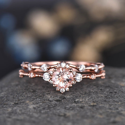 Morganite Engagement Ring Set Vintage Wedding Rings Women 14K Rose Gold Diamond Moissanite Stacking Matching Band Anniversary Gift