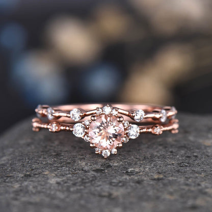 Vintage Engagement Ring Ruby Wedding Ring Set Rose Gold Diamond/Moissanite Wedding Band Unique Minimalist Anniversary Gift For Women