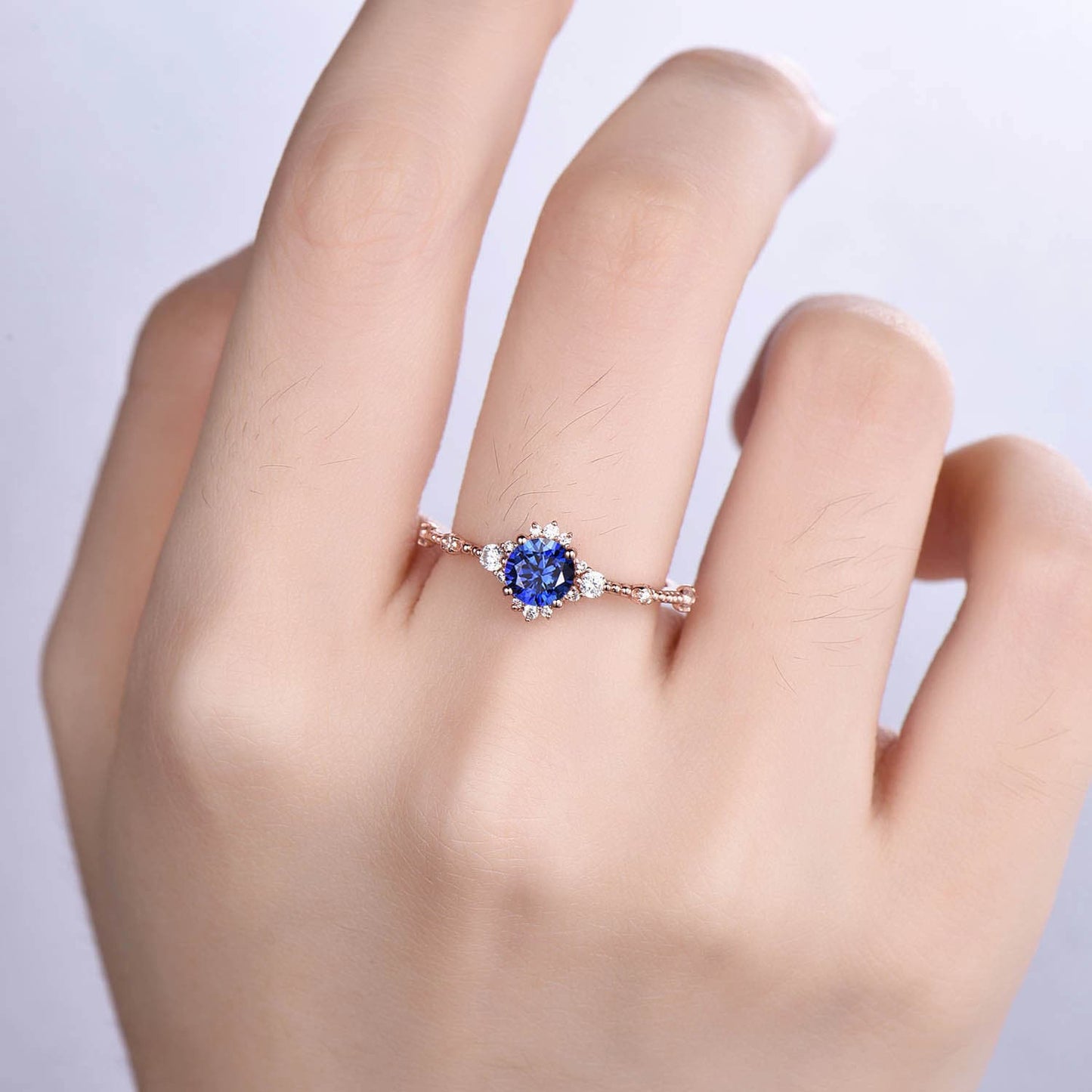 Blue Sapphire Ring Set Rose Gold Sapphire Engagement Ring Women Diamond/Moissanite Eternity Band Stacking Minimalist Bridal Jewelry