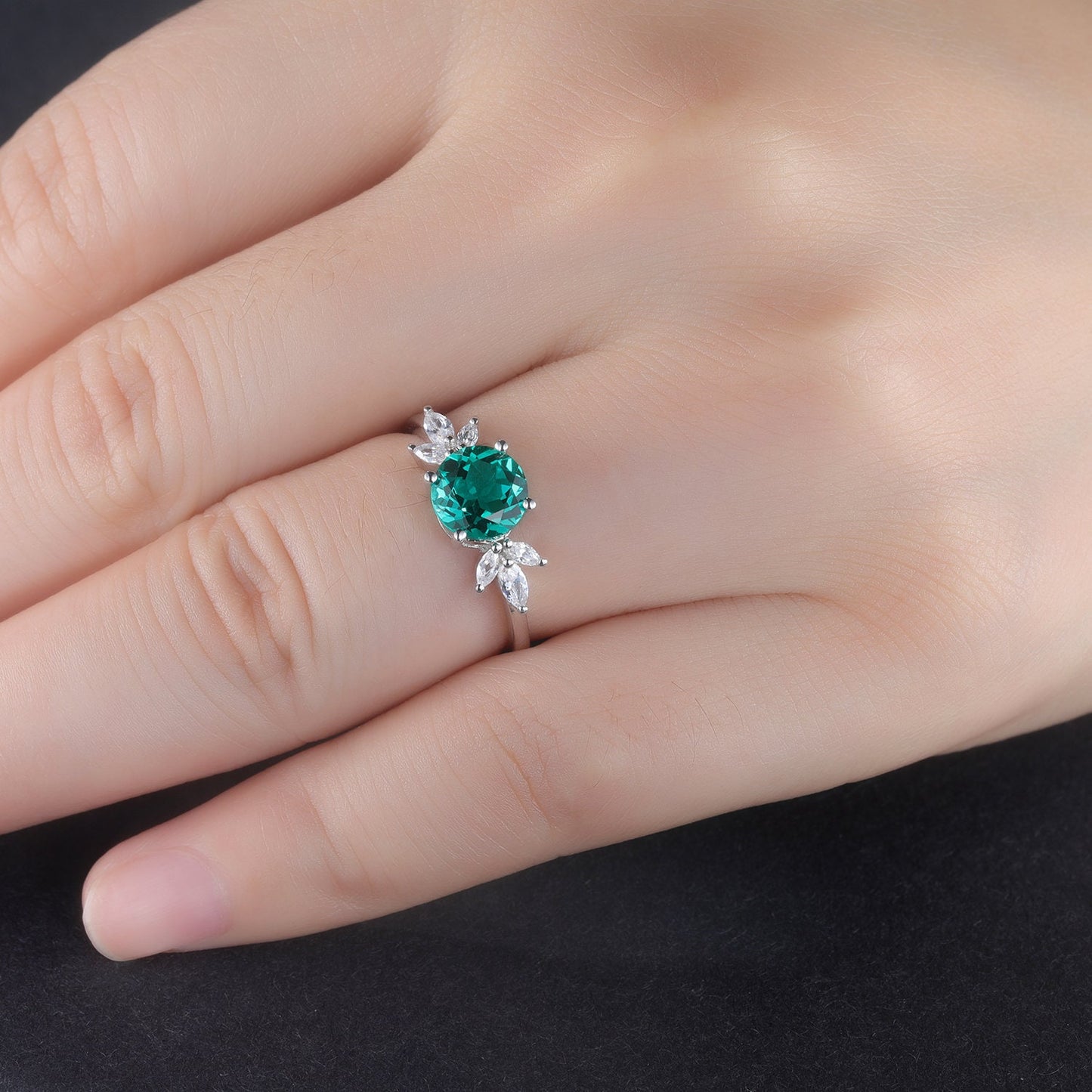 Vintage emerald engagement ring white gold art deco moissanite wedding ring 7mm round shaped Columbia emerald promise anniversary jewelry