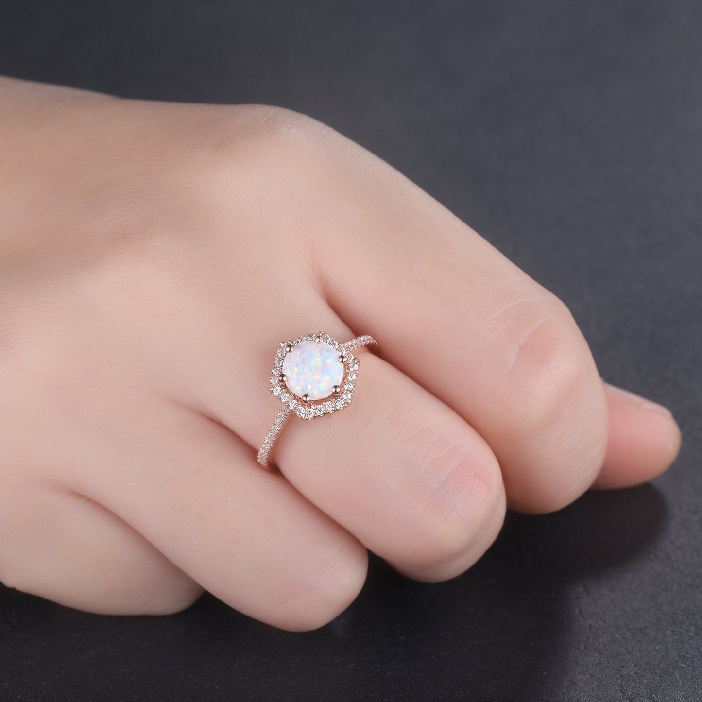 Unique Opal Engagement Ring Rose Gold Opal Ring Hexagon Diamond Halo Ring Minimalist Style Anniversary Gift For Her Promise