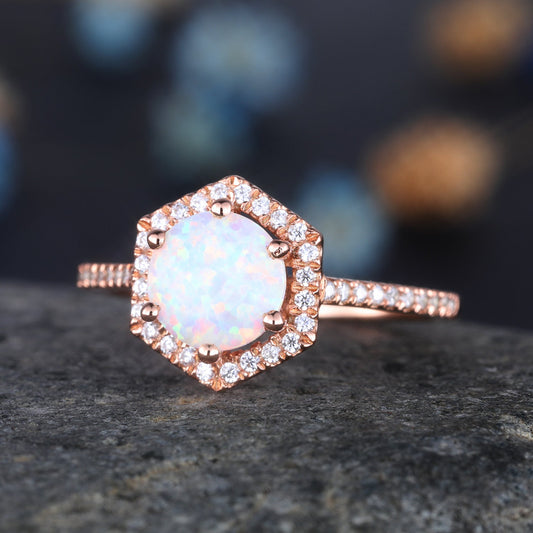 Unique Opal Engagement Ring Rose Gold Opal Ring Hexagon Diamond Halo Ring Minimalist Style Anniversary Gift For Her Promise