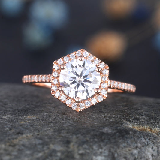 Brilliant Moissanite Engagement Ring Hexagon Halo Ring Rose Gold Diamond Band Unqiue Vintage Minimalist Jewelry Gift For Her