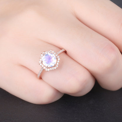 Round Moonstone Ring Rose Gold Moonstone Engagement Ring Diamond Band Halo Promise Ring Women Valentine Anniversary Gift