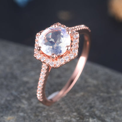 Round Moonstone Ring Rose Gold Moonstone Engagement Ring Diamond Band Halo Promise Ring Women Valentine Anniversary Gift