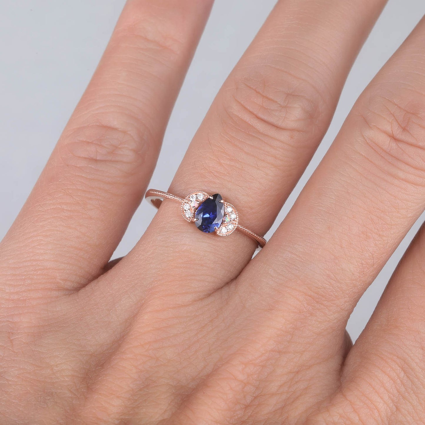 Sapphire Engagement Ring Blue Sapphire Wedding Ring Set Diamond Stackable Ring 14k Rose Gold Diamond Matchng Band Pear Shaped Sapphire