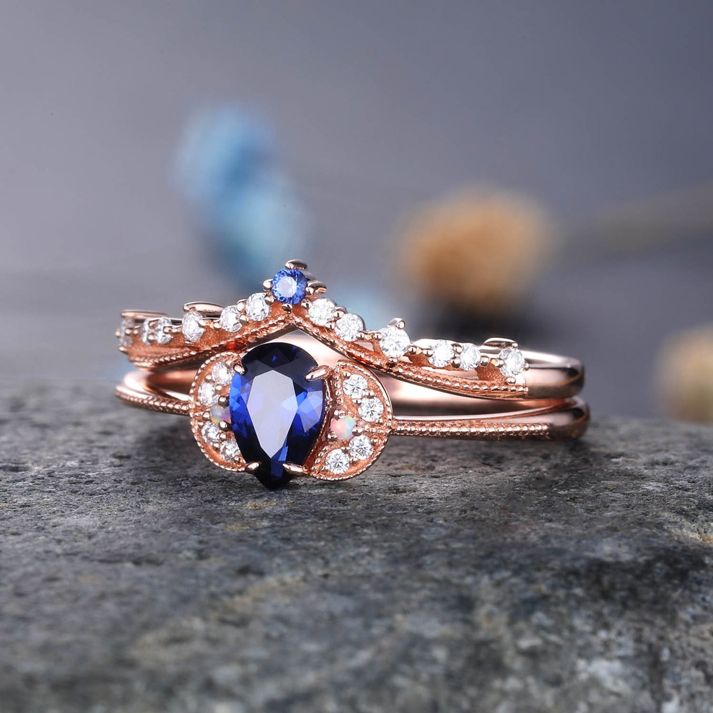 Sapphire Engagement Ring Blue Sapphire Wedding Ring Set Diamond Stackable Ring 14k Rose Gold Diamond Matchng Band Pear Shaped Sapphire