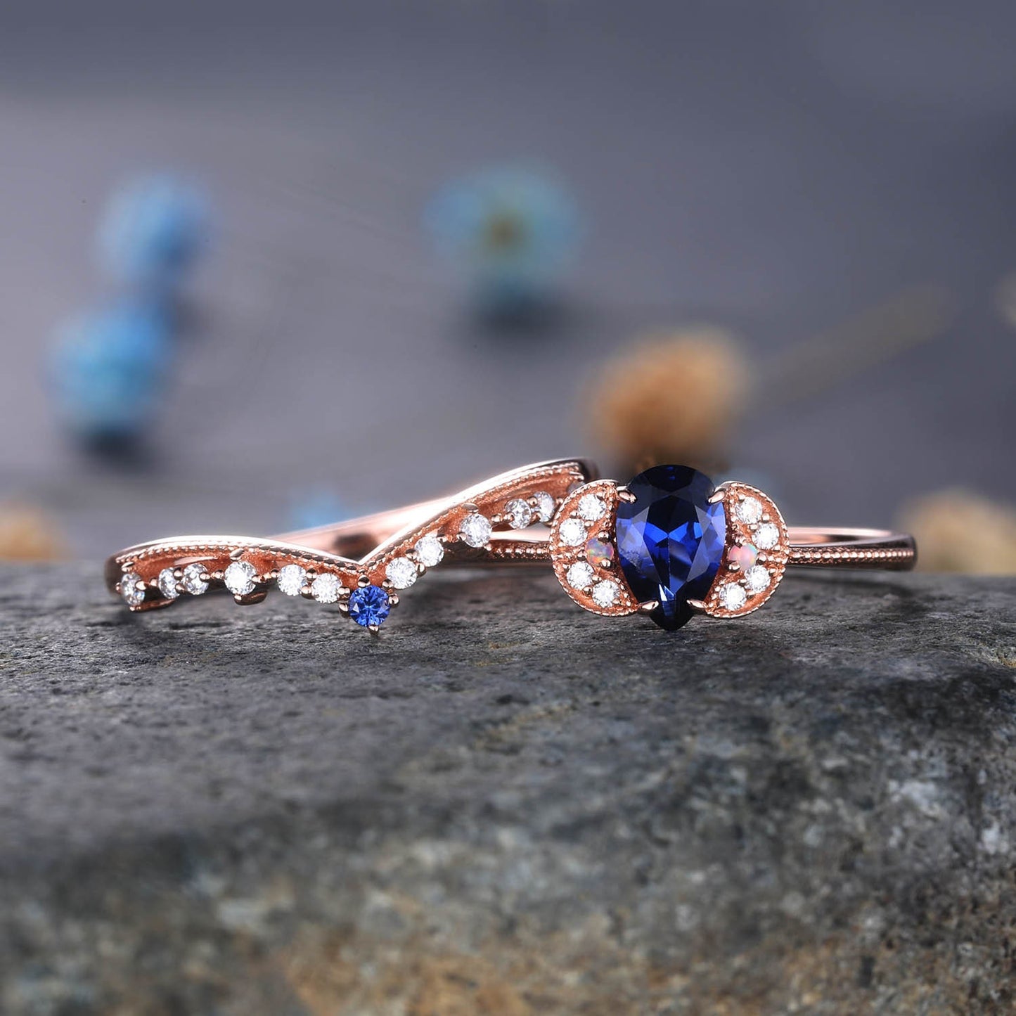 Sapphire Engagement Ring Blue Sapphire Wedding Ring Set Diamond Stackable Ring 14k Rose Gold Diamond Matchng Band Pear Shaped Sapphire