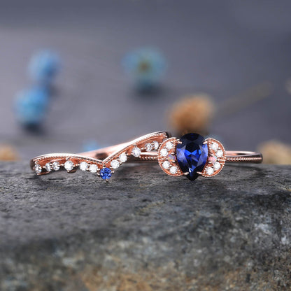 Sapphire Engagement Ring Blue Sapphire Wedding Ring Set Diamond Stackable Ring 14k Rose Gold Diamond Matchng Band Pear Shaped Sapphire