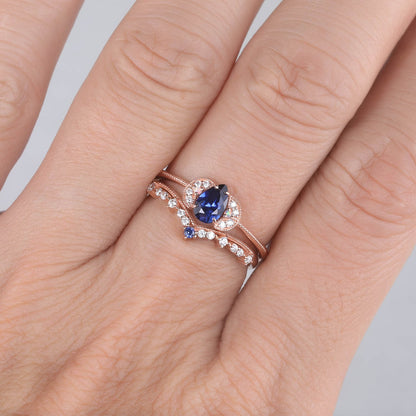 Sapphire Engagement Ring Blue Sapphire Wedding Ring Set Diamond Stackable Ring 14k Rose Gold Diamond Matchng Band Pear Shaped Sapphire