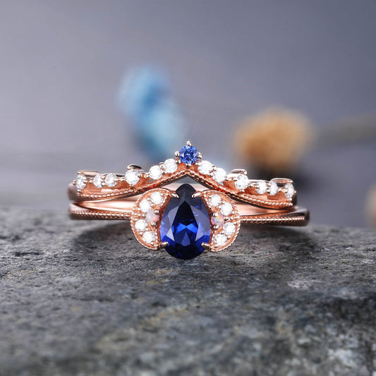 Sapphire Engagement Ring Blue Sapphire Wedding Ring Set Diamond Stackable Ring 14k Rose Gold Diamond Matchng Band Pear Shaped Sapphire