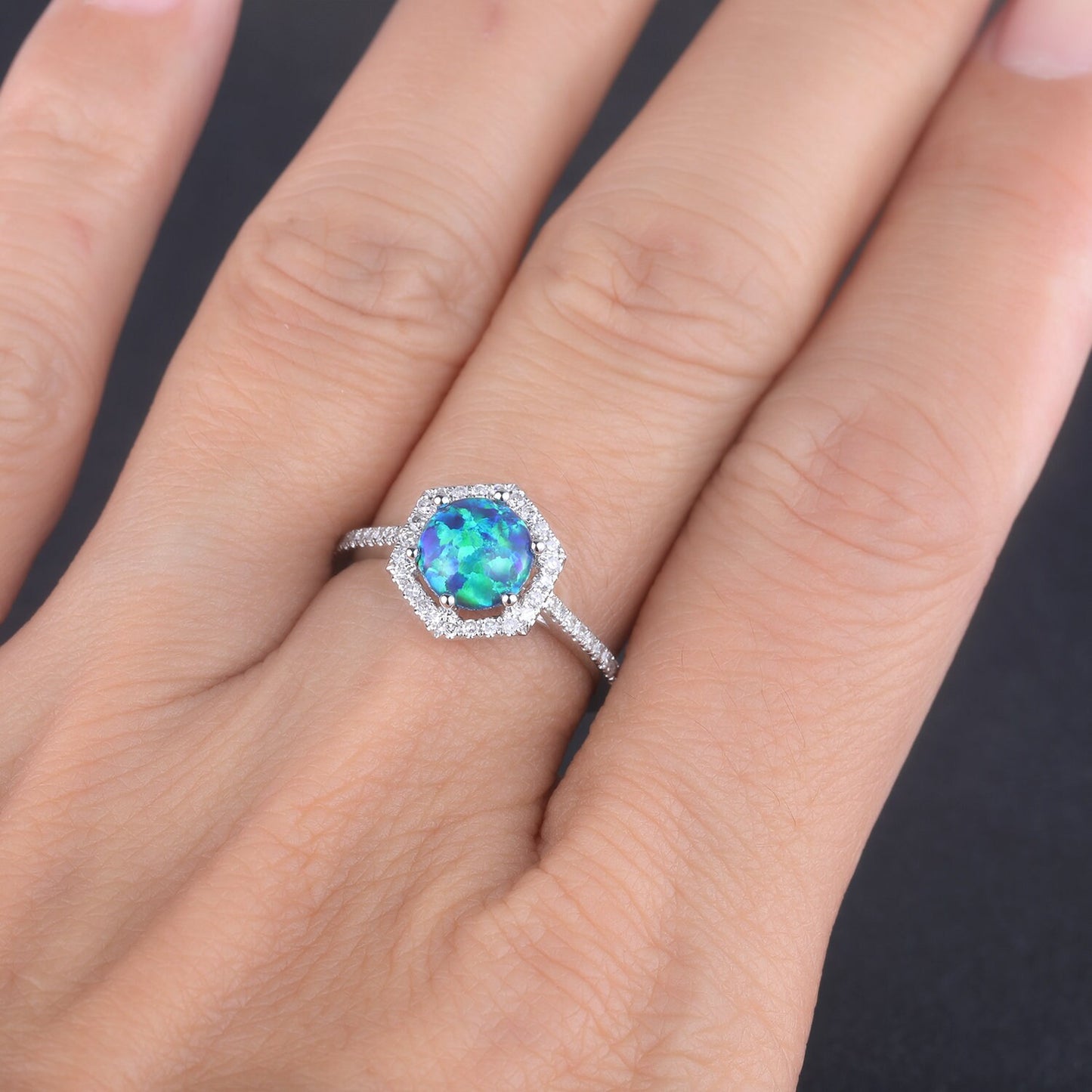 Black Opal Ring Opal Engagement Ring White Gold Diamond Wedding Ring Lab Opal Hexagon Diamond Halo Ring Women Promise Anniversary Jewelry