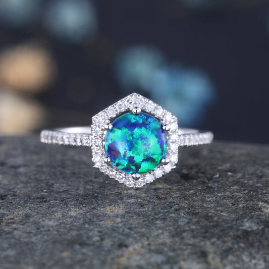 Black Opal Ring Opal Engagement Ring White Gold Diamond Wedding Ring Lab Opal Hexagon Diamond Halo Ring Women Promise Anniversary Jewelry