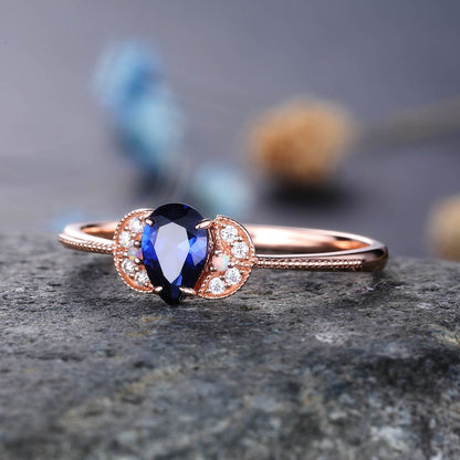 Sapphire Engagement Ring Blue Sapphire Wedding Ring Set Diamond Stackable Ring 14k Rose Gold Diamond Matchng Band Pear Shaped Sapphire